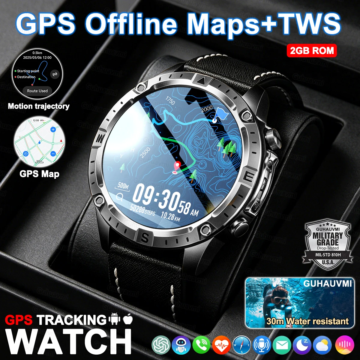 

Умные часы для мужчин с GPS-трекером, высококачественные водонепроницаемые часы для плавания, умные часы с шестиосевым датчиком, спортивные умные часы с 2 ГБ памяти и GPS-картой.