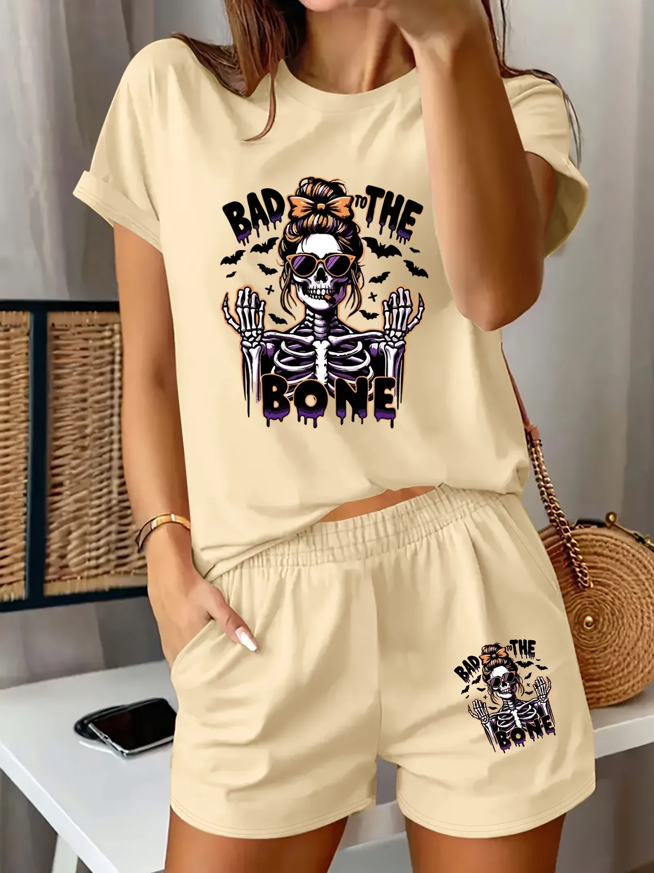 2026 Summer Women's Suit Fashion Sporty Comfort Soft 3D Weird Skull Pattern Print Stylish and Versatile Casual Wear