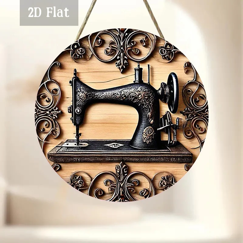 2D Flat - 1pc Vintage Sewing Machine Round Panel Artwork, Featuring an Ornate Decorative Frame. This Retro-Style Wall Decoration