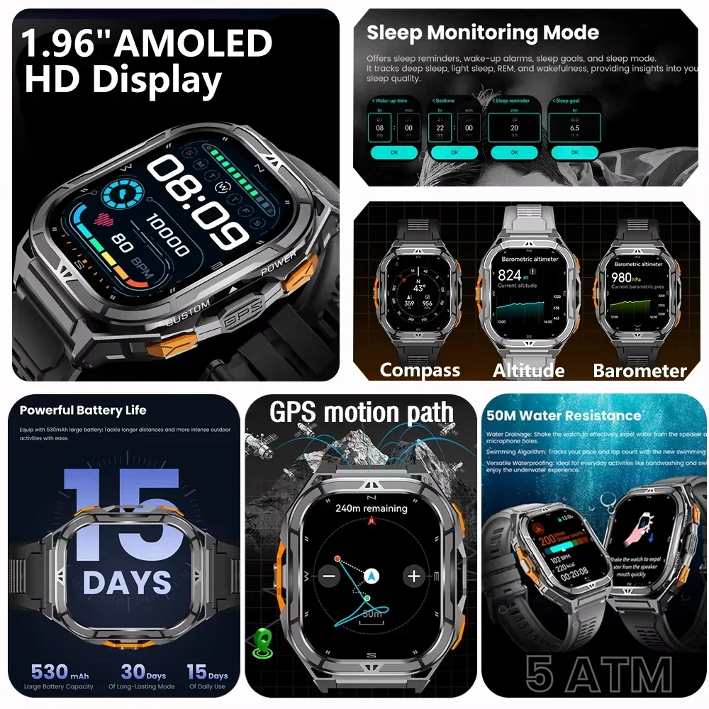 2025New GPS الساعات الذكية للرجل 1.96 بوصة HD AMOLED شاشة البوصلة بلوتوث دعوة 5ATM مقاوم للماء الرياضة ساعة ذكية أندرويد iOS