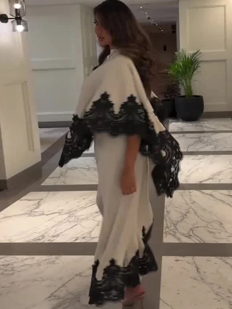 Black Lace Set of Two Pieces Woman Round Neck Flared Sleeve Loose Fit Top with Casual Wide Leg Pants Elegant White Outfit - view 5