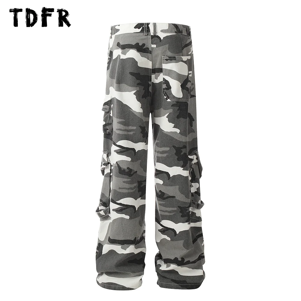 

Multi-Pocket Camouflage Cargo Pants Mens Ribbon Safari Style Loose Wide Leg Trousers Men