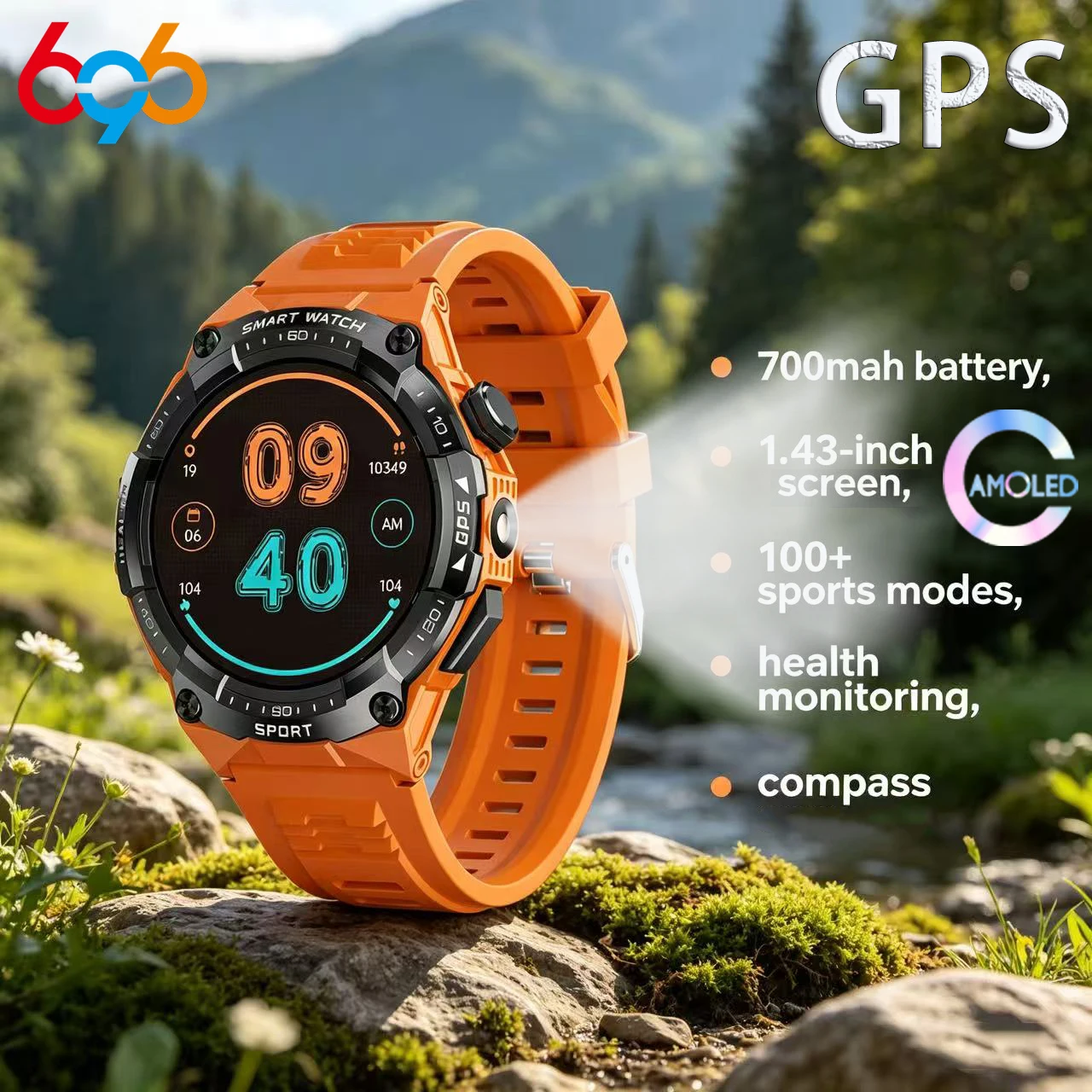 

Модные спортивные смарт-часы с AMOLED-экраном, GPS, компасом, Bluetooth-вызовами, для активного отдыха, с измерением пульса, водонепроницаемые, 700 мАч