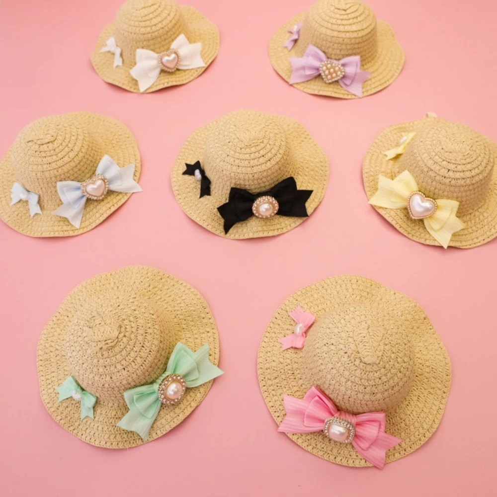 Sombrero de paja solar con lazo y corazón para gatitos y cachorros - imagen 4