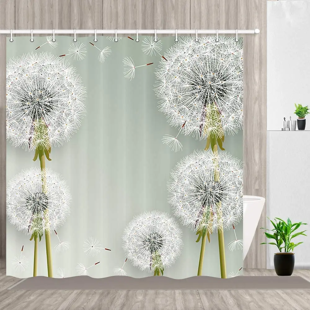 Floral Shower Curtain Spring Dandelion Flower and Flying Fluff Flowers Polyester Fabric Bath Bathroom Curtains Set with Hooks