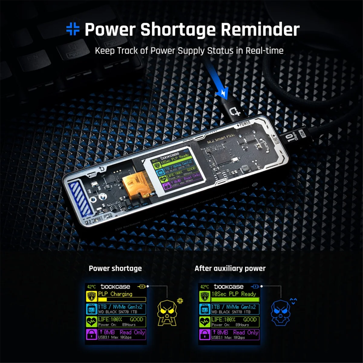 

A97ZZ Smart 2280 M.2 NVMe SSD Enclosure Cyber Design Explorer Edition with LCD Display Max 10GBps Type-C Black