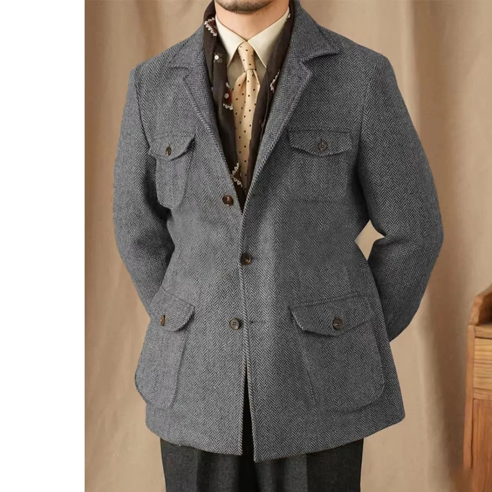 Men's Suits Vintage Herringbone Tweed Blazer British Wool Blend Double Breasted Lightweight Casual Sport Coat Formal Jacket