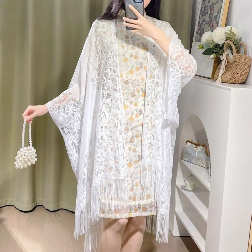 Women Lace Tassel Wrap Shawl Open Front Cardigan Elegant Spring Summer Thin Hollow Out Retro Cheongsam Dress Cover Up