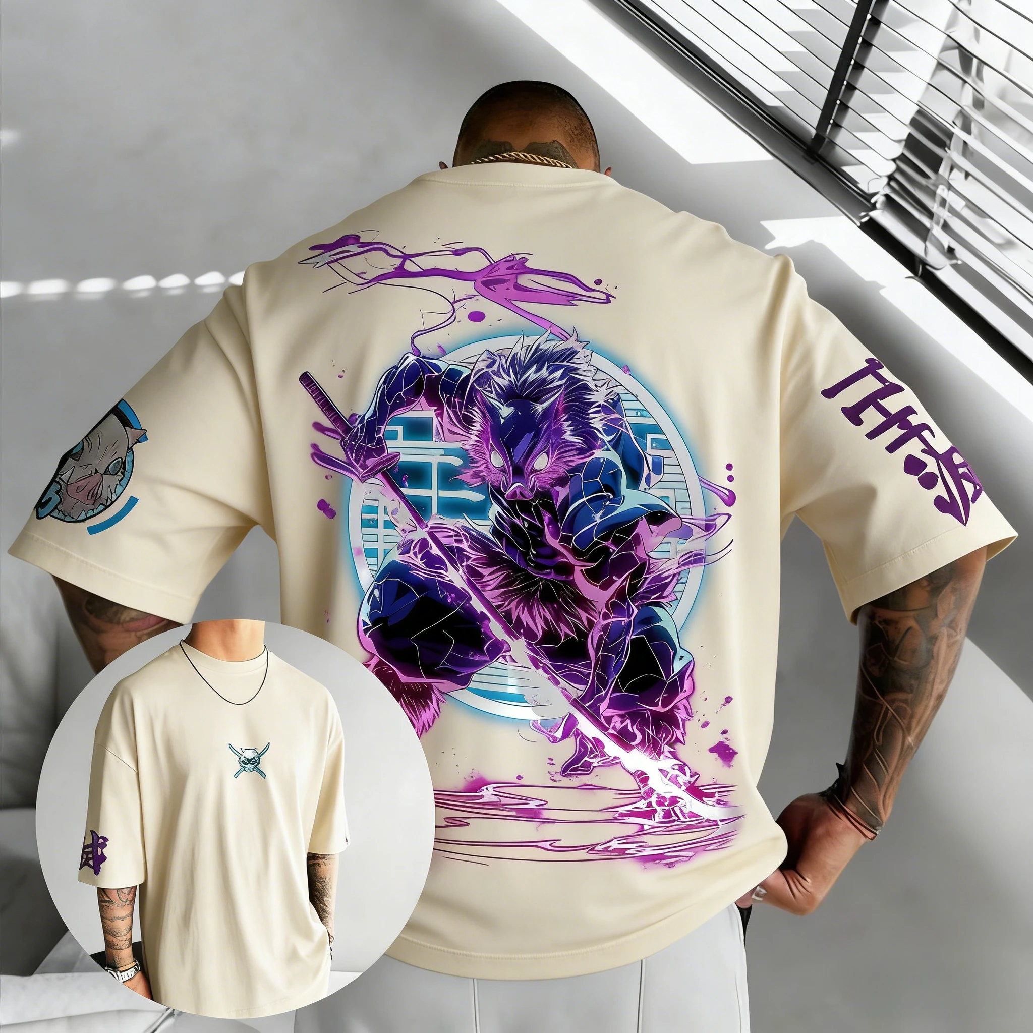 

Мужская и женская летняя хлопковая футболка Demon Slayer, новинка 2026, Inosuke, аниме, с принтом, уличный хип-хоп, повседневный свободный топ для родителей и детей