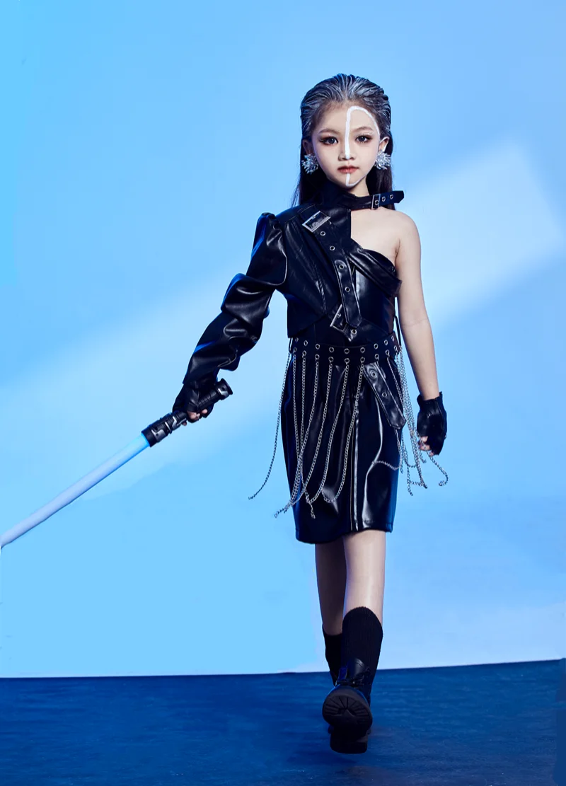 Girl Model Dancer Performan Catwalk Costume Rave Stage Outfit Gothic Cyberpun Clothes for Children Jazz Dance Set Black Kids