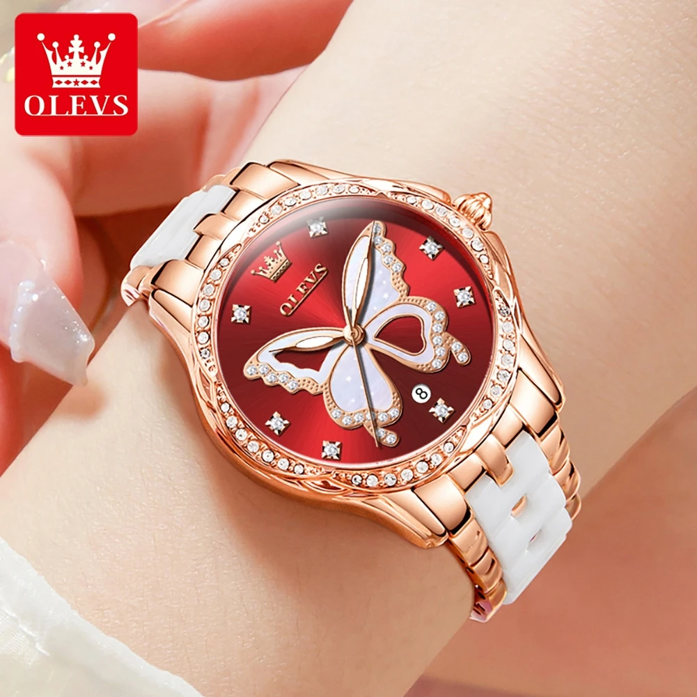 OLEVS 5610 Elegant Women\'s Watch Luxury Brand Rose Gold Ceramic Diamond Watch Imported Movement Women Bracelet Quartz Watch Gift