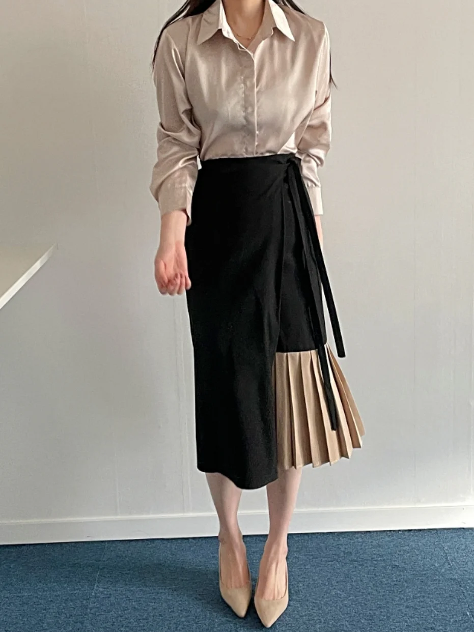 

Ele Long Sve irt High Waist Pleated Skirt Set Women's Faion Button up Collar Outfit Chic Workwear Student orm