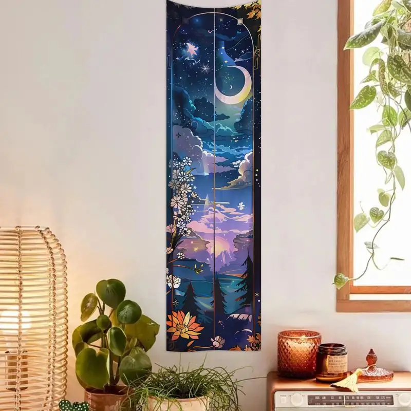 VIKAMA Painted Glass Wind Starry Sky Moonlit Night Landscape Long Tapestry Wall Decoration Foyer Room Decoration Home Decor