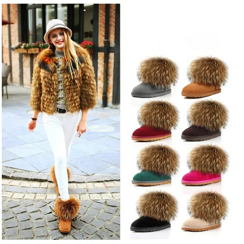 2024 Fashion 100% Cowhide Leather + Raccoon Fur Boot Woman Snow Boots Winter Leather Fox Fur Snow Boots