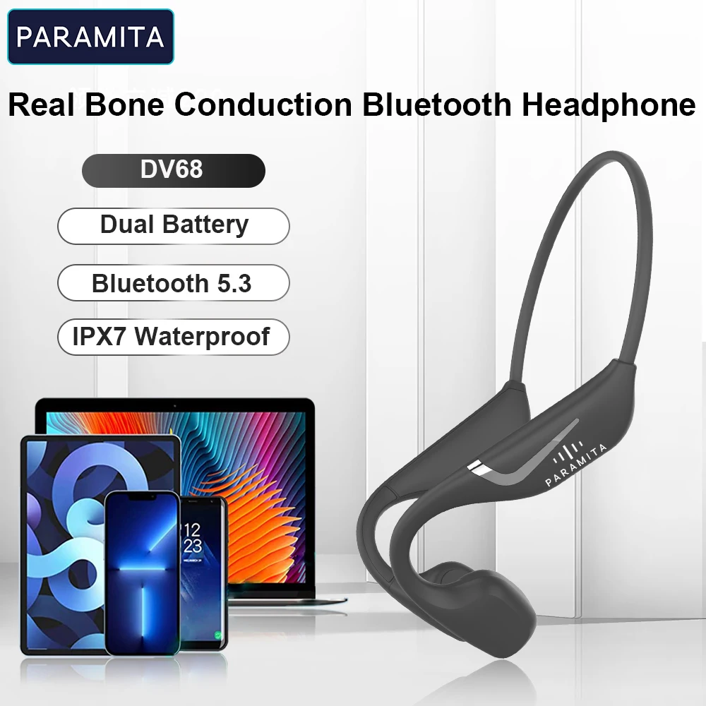 PARAMITA Real Bone Conduction Wireless Bluetooth Headset with MIC Button Control BT5.3 Noise Reduction IPX7 Waterproof for Sport