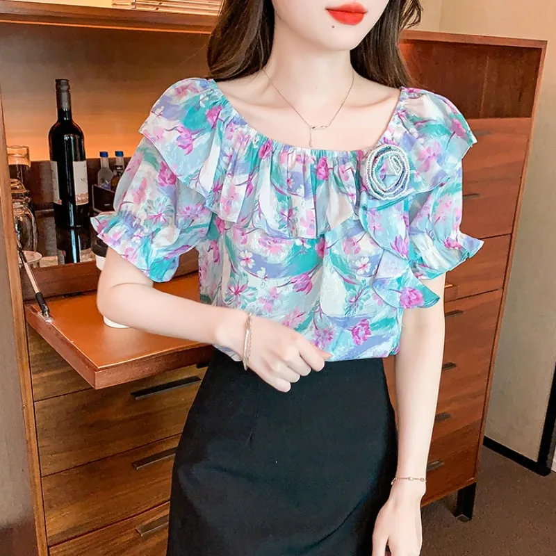 Summer Women\'s Floral Round Neck Pullover Slash Neck Ruffles Shirring Printed Short Sleeve T-shirt Casual Prairie Chic Tops