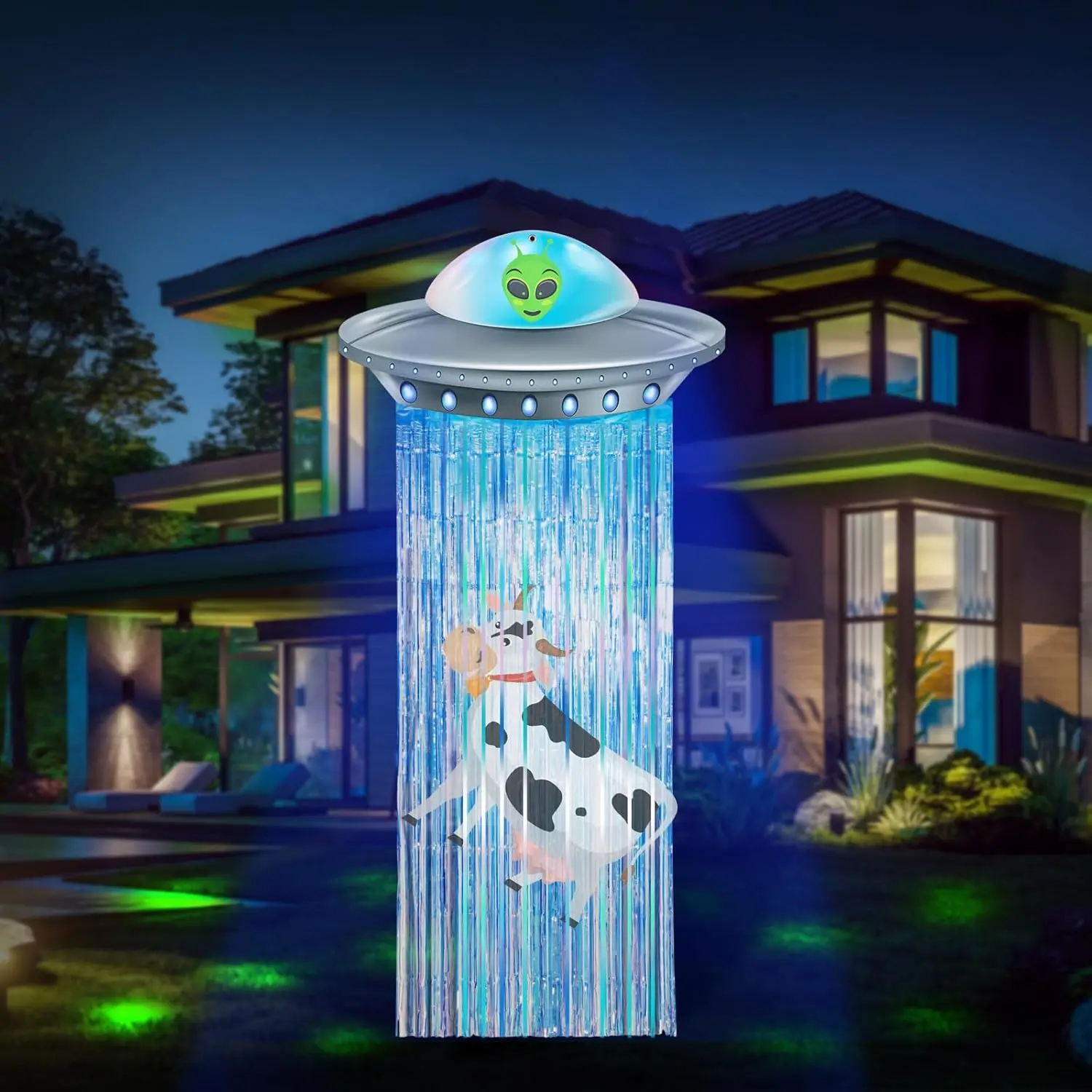 Pancarta de fiesta de puerta alienígena con oropel, pancarta con flecos de aluminio, decoraciones de cumpleaños alienígenas, nave espacial alienígena, decoraciones de fiesta volando