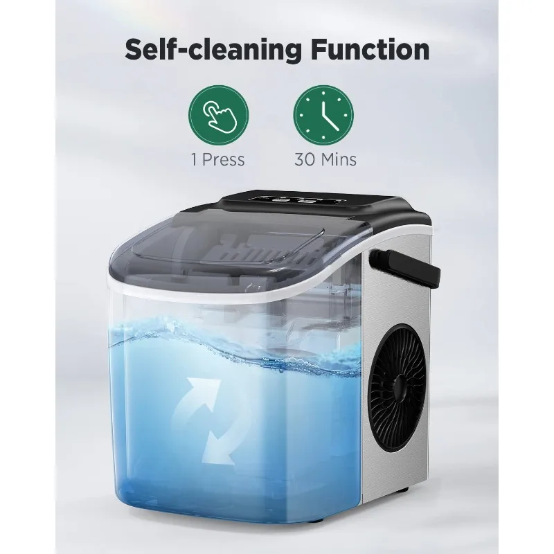 เคาน์เตอร์เครื่องทําน้ําแข็ง Silonn, 9 ก้อนพร้อมใน 6 นาที, 26 ปอนด์ใน 24 ชม., เครื่องทําน้ําแข็งทําความสะอาดตัวเองพร้อมที่ตักน้ําแข็งและตะกร้า