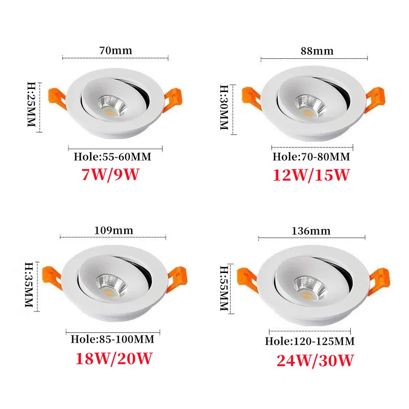 360° Adjustable Round Recessed Dimmable LED Black And White Ceiling Light 9W 12W 24W Background Spot AC110V-220V Indoor Lighting
