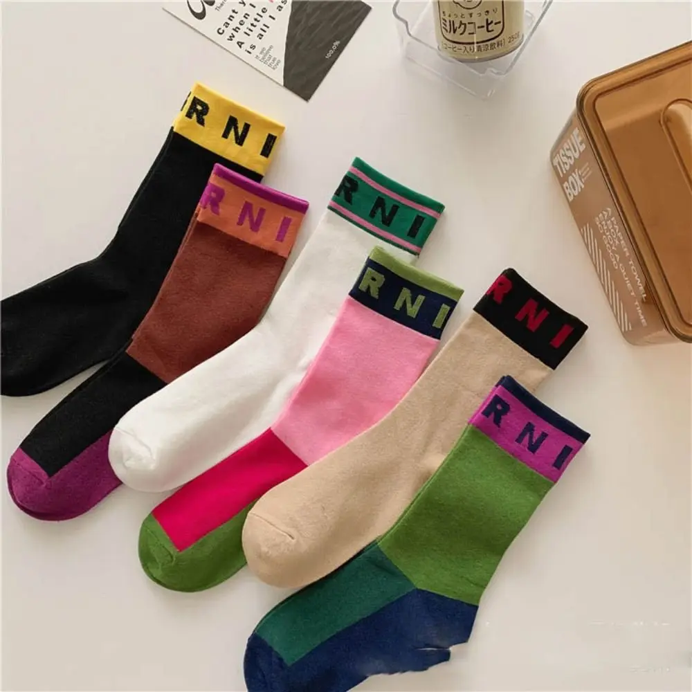 Contrast Color Socks Alphabet Print Sports Fashion Socks Pure Cotton Comfortable Soft Thin Breathable Casual