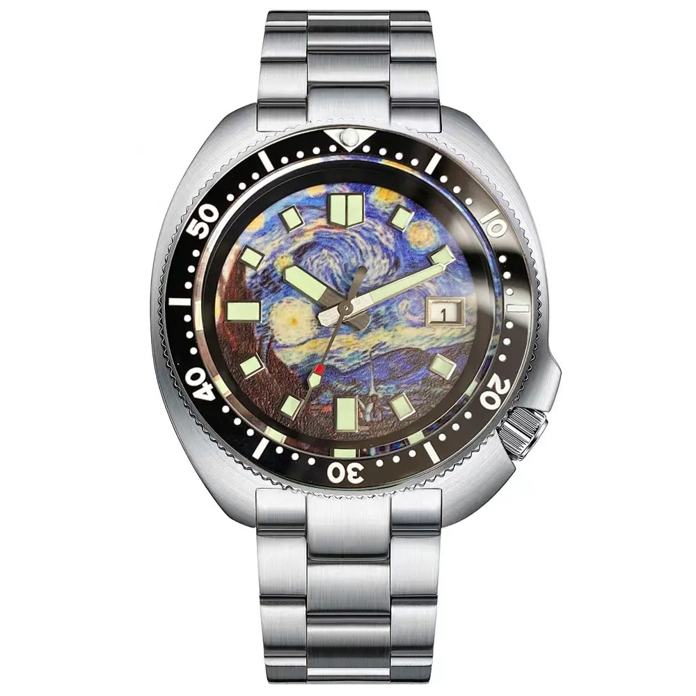 Tandorio Diver Retro, pintura al óleo de 44mm, esfera luminosa verde cielo estrellado, cristal de zafiro, 200m, impermeable, NH35A, relojes automáticos