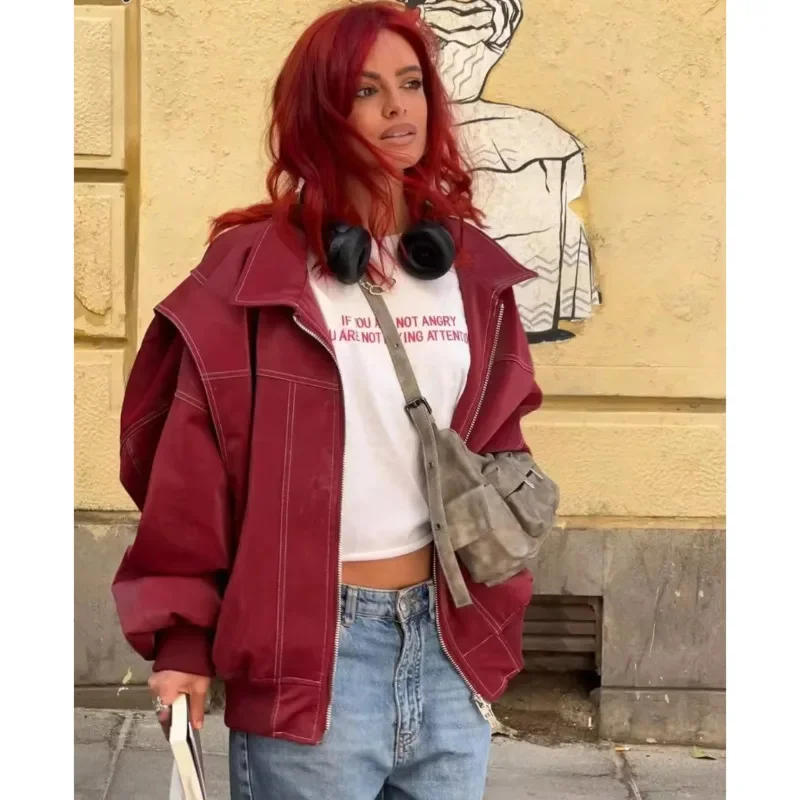 Women Oversized Wine Red Zipper Leather Jacket Contrast Stitch Long Sleeve Lapel Cropped Coat Vintage Autumn Fashion Outerwear