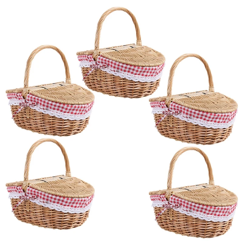 

5X Country Style Wicker Picnic Basket Hamper With Lid And Handle & Liners For Picnics, Parties And Bbqs