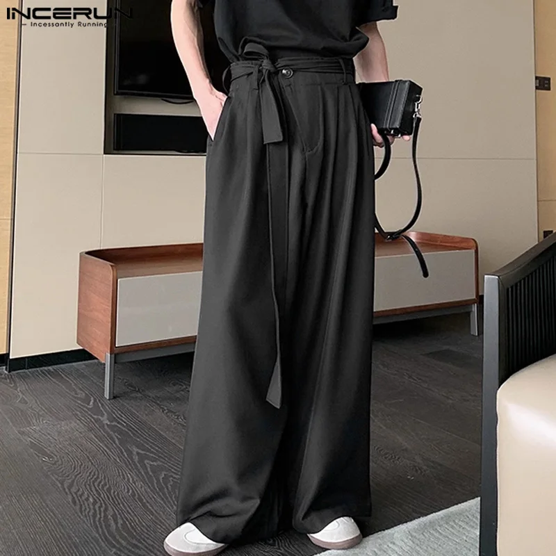 INCERUN Men Pants Solid Color Button Joggers Loose Casual Wide Leg Straight Trousers Men With Belt Streetwear 2024 Lace Up Pants