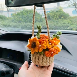 Crochet Daisy Basket Car Decor Hanging Cute Flowers Car Accessories Teens Interior Decor Rear View Mirror Hanging Charm gift