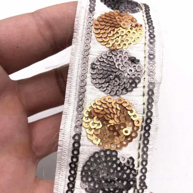 Lace Trim Ribbon with Sequins, DIY Apparel Sewing Fabric, Garment Accessories, Flower Embroidered, Sewing Supplies, 1Yards