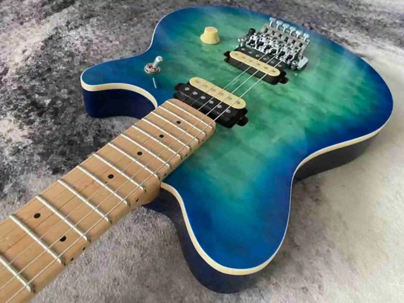 Blue Green Qulited Maple Top Van Electric Guitar, Locking Nut,Double Tremolo Bridge, Zebra / White Black Pickups, White Tuners
