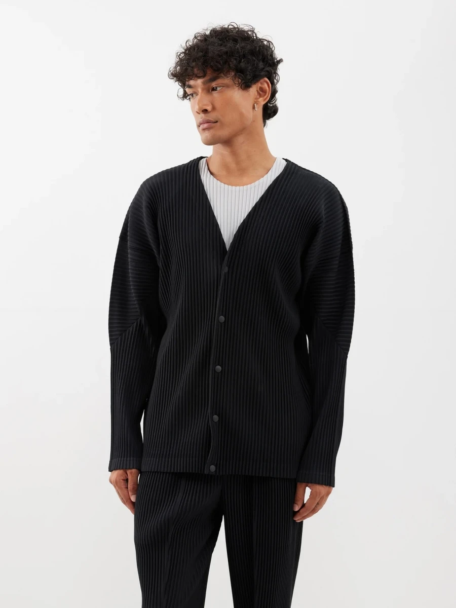 Miyake Pleated Jacket Collarless Long Sleeve Cardigan Casual V-Neck Coat