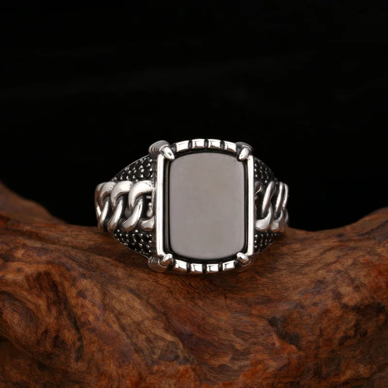 S925 Sterling Silver Black Agate Adjustable Ring Punk Style Old Process Free Size Women Fine Jewelry FYRNG160