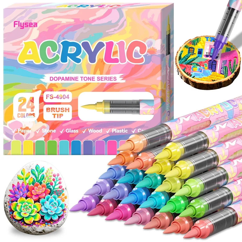 

24 Colors Acrylic Paint Markers,Vibrant Color,Soft Brush Tip Water Based,Fine Tip Markers for Wood,Canvas,Rock Painting,Glass