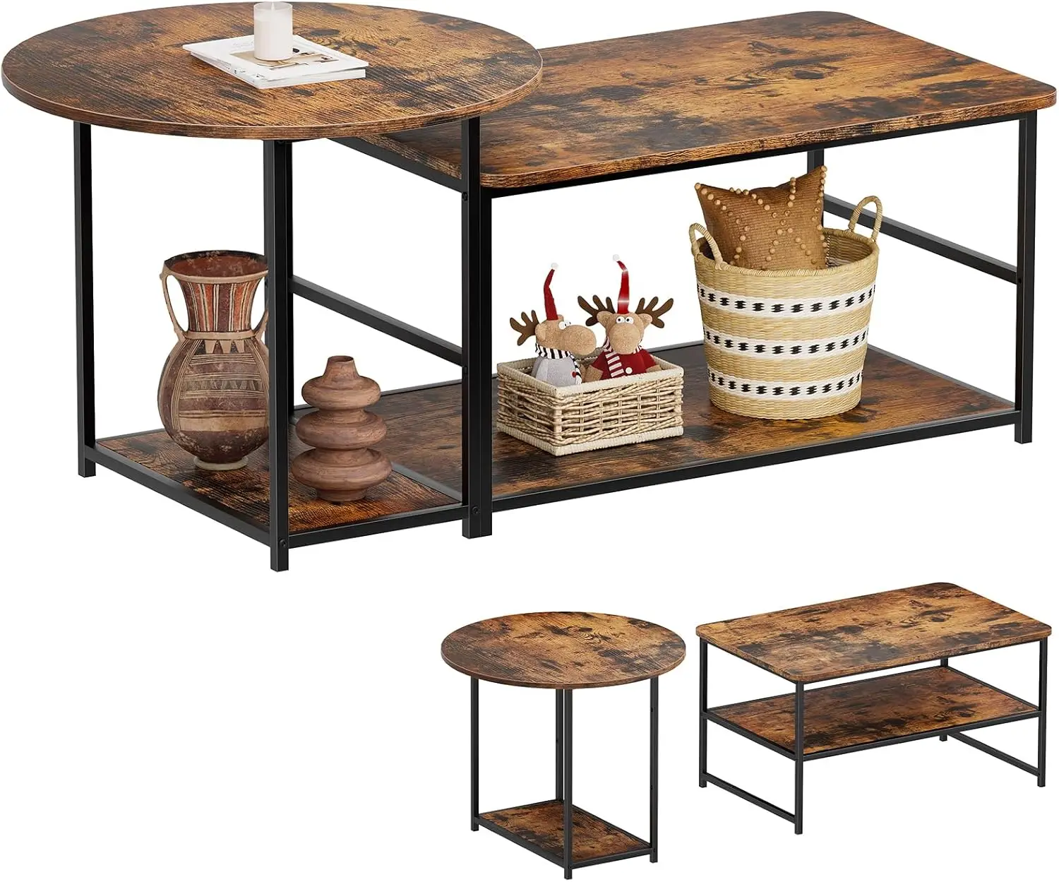Modern Detachable Nesting Coffee Table Set, Rustic Farmhouse Design with Storage for Living Room, Brown