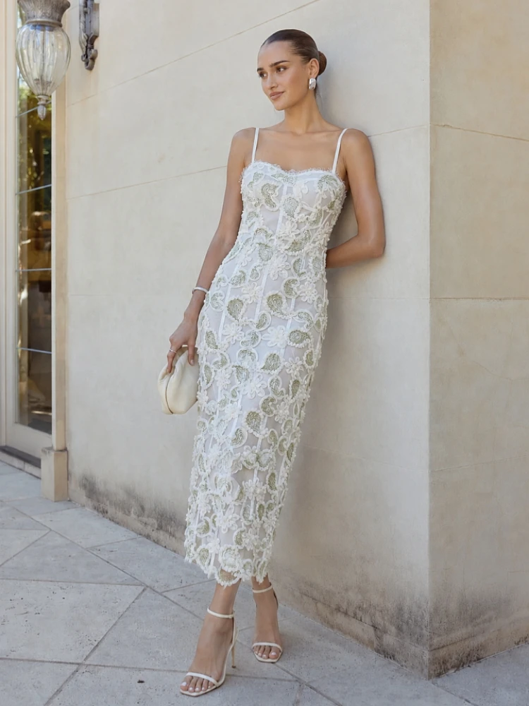 

Sexy Spaghetti Strap V Neck Flower Long Dress Women White Green Floral Sleeveless Bodycon Dresses Party Evening Celebrity Gowns