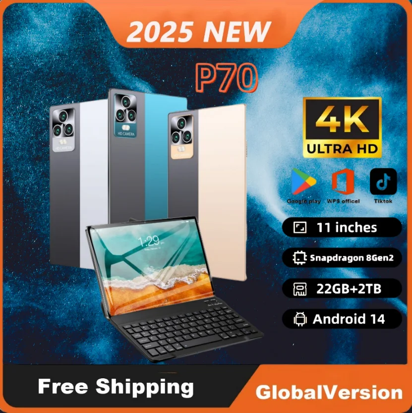 

2024 Tablet P70 11-inch Android 13 16GB RAM 1TB ROM WPS GPS WIFI Bluetooth 5.0 5G Dual SIM Dual Standby Bluetooth Case Tablet PC