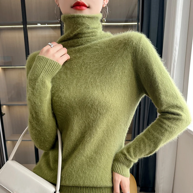 2024 Autumn and Winter New Women's Clothing Sweater 100% Mink Cashmere Pile Collar Pullover Casual Knitted Basic Large Size Tops