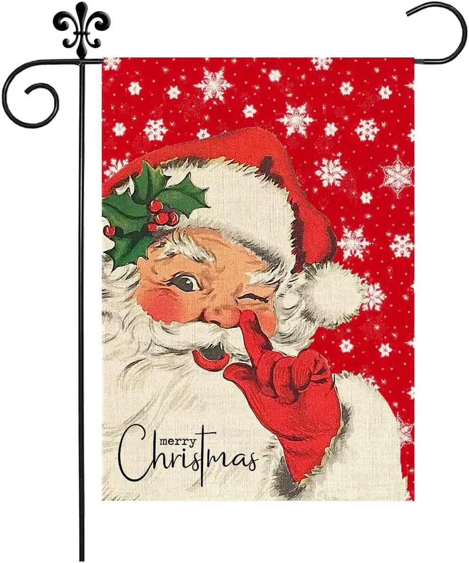 Santa Christmas Garden Flag 12x18 Inch Small Double Sided, Merry Christmas Farmhouse Outdoor Yard Winter Decoration Black Burlap