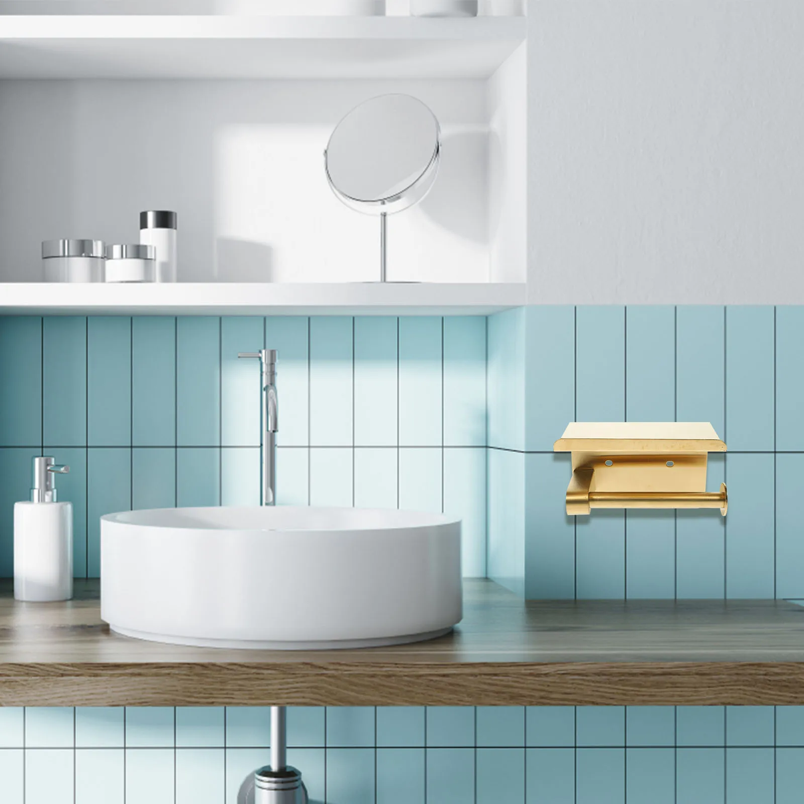 حامل ورق المرحاض يُثبت على الحائط، رف الحمام بدون ثقب، رف تخزين الورق الملفوف الذهبي، منظم متعدد الأغراض #6