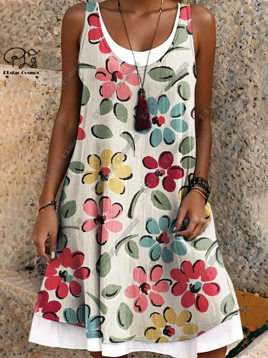 PLstar Cosmos 3D Printed Retro Pattern Women's Sleeveless Dress Summer Casual Beach Dress Holiday Style Collection S-22