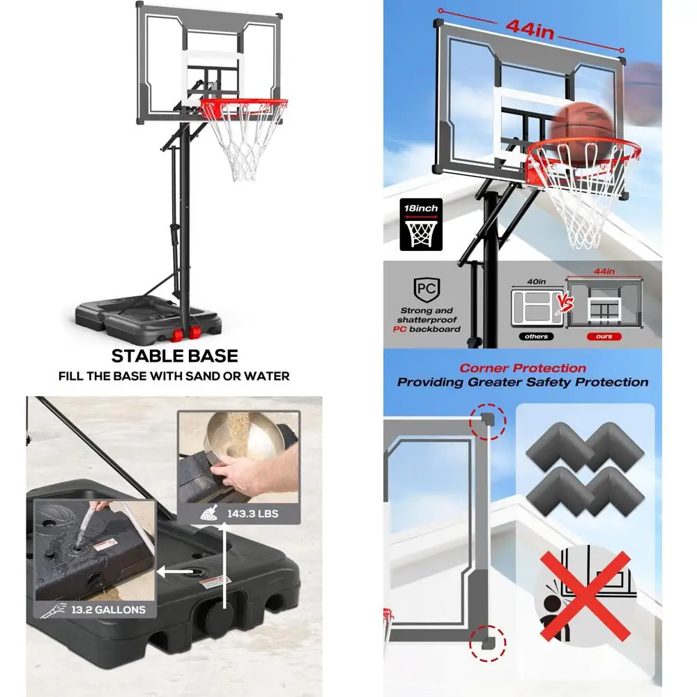 Sistema de cesta de basquete ajustável portátil - tabela inquebrável de 45", faixa de altura 4,8-10 pés para crianças brincadeiras ao ar livre