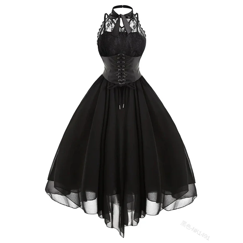 

2024 Women Gothic Punk Vintage Party Dresses Sleeveless Cross Back Lace Patchwork Halter Lace Up Court Corset Swing Dress