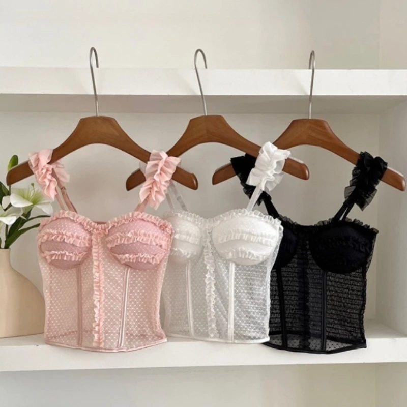 Lace Trim Polka Dot Back Design Women Tank Top Summer French Lace Fishbone Cami With Built-in Bra Pad Sexy See-through Crop Top