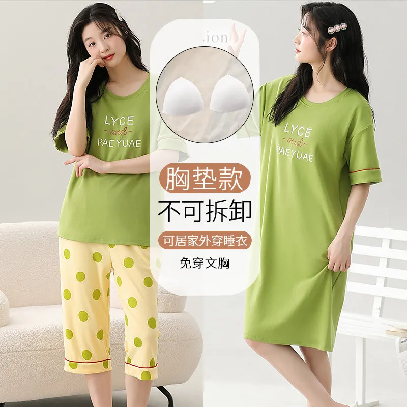 Ladies Three Piece Sleepwear Set With Bra Pad Summer Short Sleeve Capri Trousers Mid Long Night Dress Women Daily Home Wear