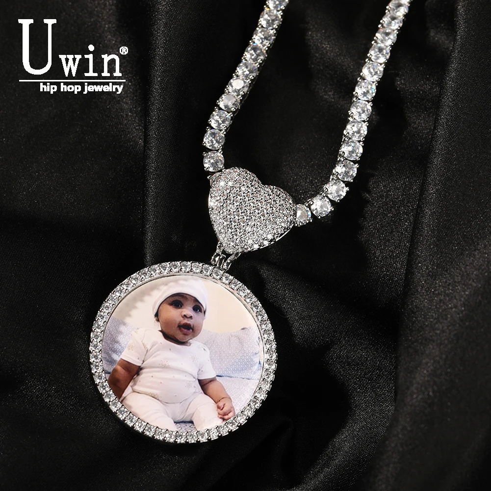 

Uwin Heart Round Photo Pendant Custom Photo Memory Medallions Necklace Iced Out CZ Hip Hop Jewelry DIY Memories Gifts For Women