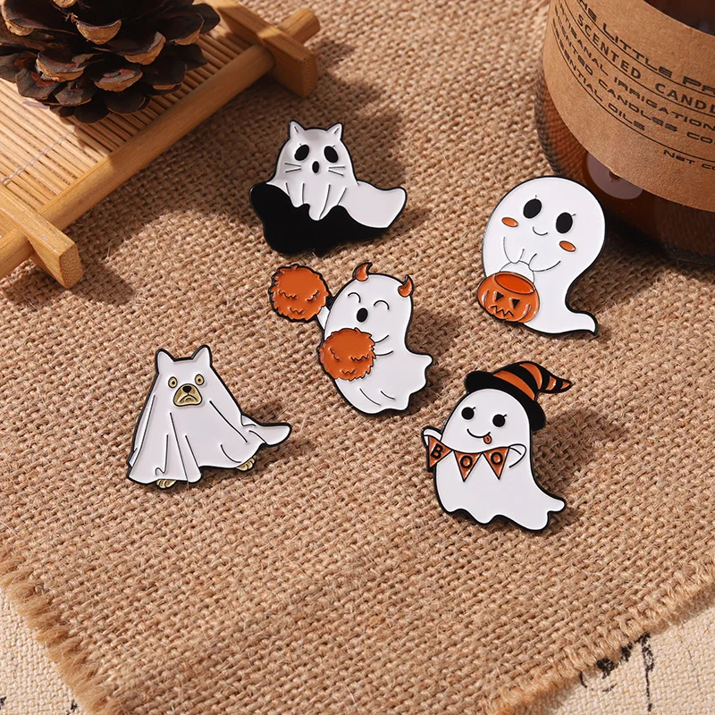 Halloween Love Smile Pumpkin Bat White Ghost Brooch- Fashion Cartoon Ghost Series Badge