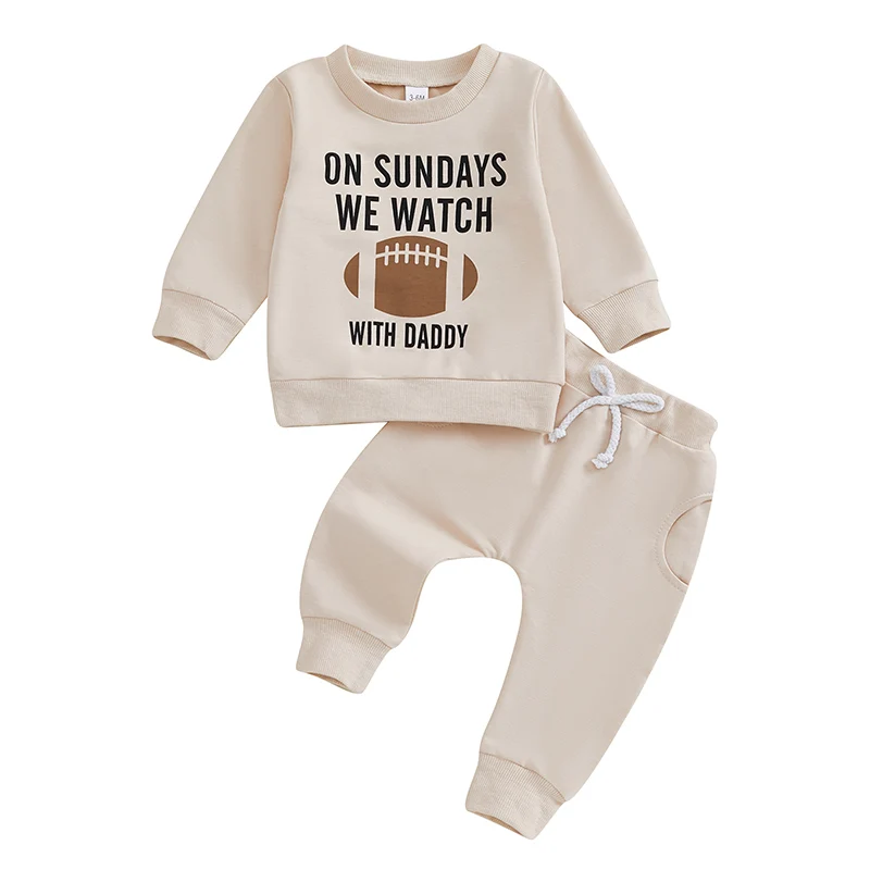 Baby 2 Piece Fall Outfit Rugby Letter Print Long Sleeve Sweatshirt and Elastic Pants Set for Newborn Infant Clothes