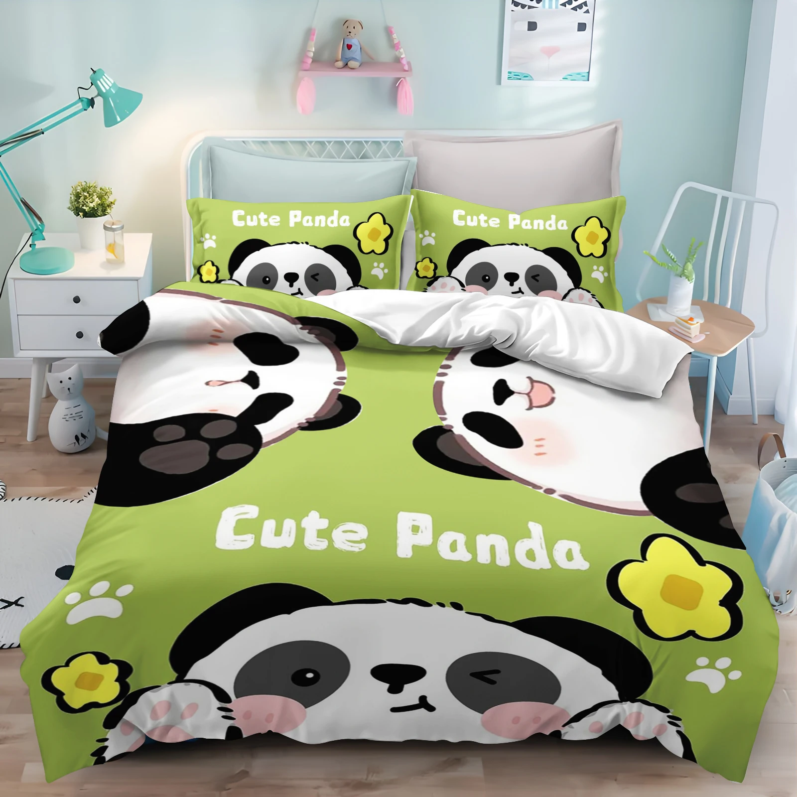 Cartoon Anime Duvet Cover Panda Kids Bedding Set Decor Quilt Covers Pillowcase for Children's Bedroom Holiday Gift