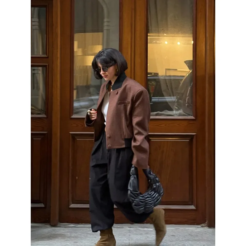 Women Vintage Lapel Neck Jackets Temperament Full Sleeve Pockets Short Jacket 2025 Autumn Lady Chic Daily Commute Outerwear